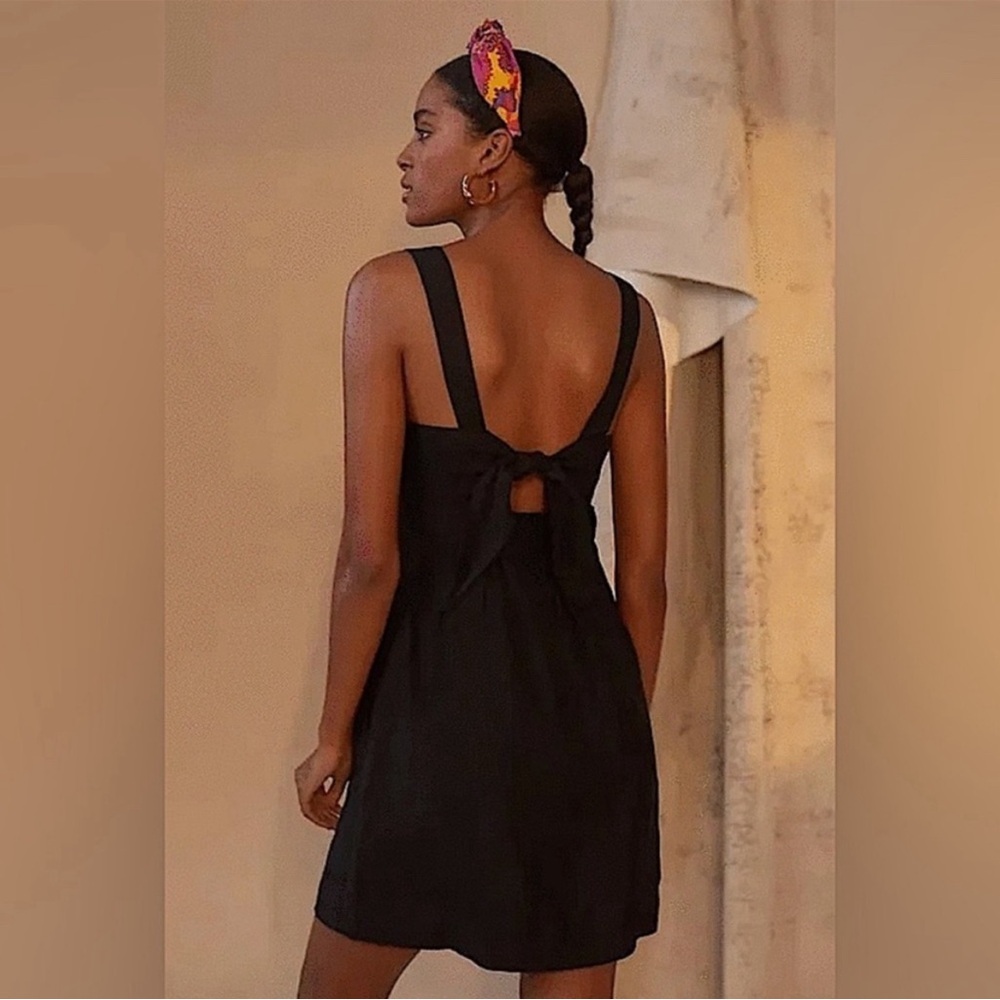 Anthropologie Maeve -‎ women’s black linen Twist Tie front cutout Mini dress S